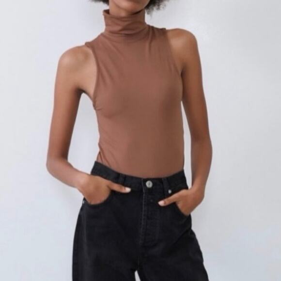 Zara Brown Sleeveless Turtleneck Stretch Bodysuit Women’s Size Small - Picture 1 of 6